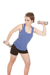 woman blue striped tank fitness weights on up