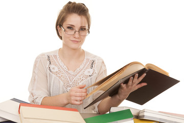 woman in glasses and books look smile