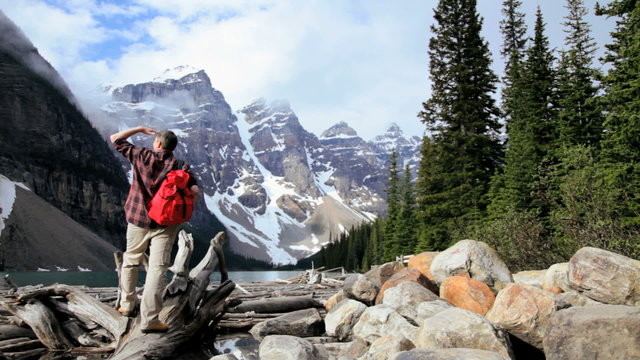 Male hiker Lake Moraine, Banff, Alberta, Canada