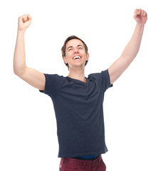 Fototapeta premium Portrait of a smiling man with arms raised in success