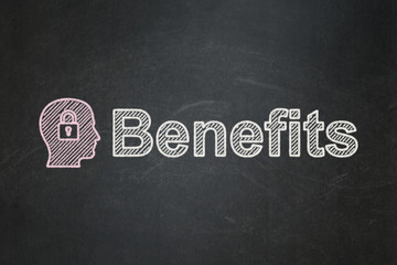 Obraz premium Finance concept: Head With Padlock and Benefits on background