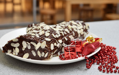 Chocolate and nuts christmas log