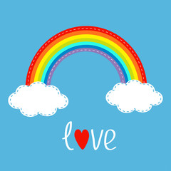 Rainbow and two clouds in the sky. Dash line. Love card.