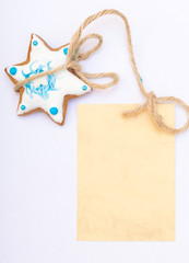 Fototapeta na wymiar Christmas gingerbread cake star icing decoration blank card