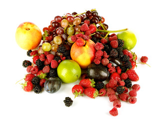 Assortment of juicy fruits and berries, isolated on white