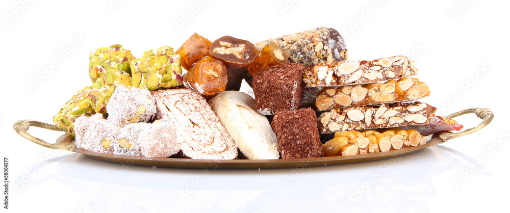 Sticker Tasty oriental sweets on metal tray, isolated on white - Stickers