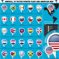 America Pointer Flag Icons with american Map set1