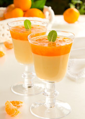 orange panna cotta with slices of oranges.