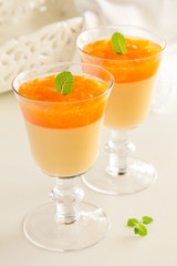 orange panna cotta with slices of oranges.