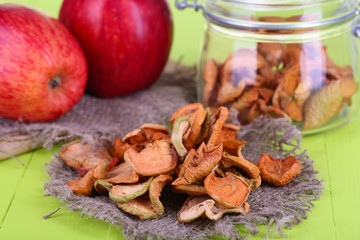 Dried apples in glass jar, on color wooden background