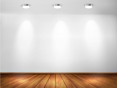 Wall with spotlights and wooden floor. Showroom concept. Vector