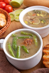 vegetable soup with meatballs, green beans and bread