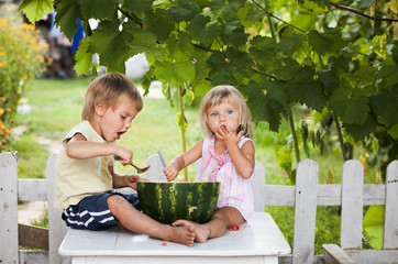 happy boy and little girl with watermelon lying