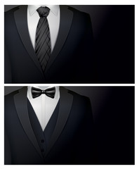 Black business suit with a tie, bow and copyspace background