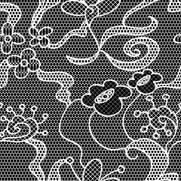 Black lace vector fabric seamless  pattern with flowers