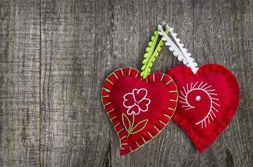 Hearts in wood background