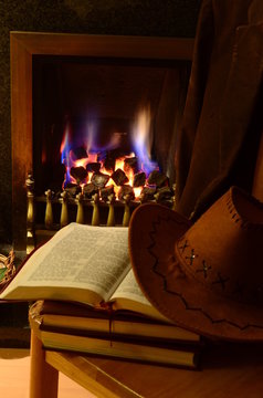 Fireside Study with cowboy hat