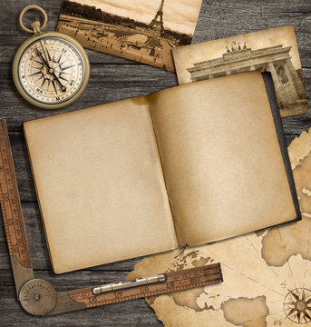 adventure nautical background with vintage map, copybook and com