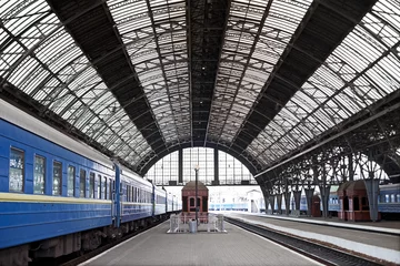 Acrylic prints Train station Railway station with trains