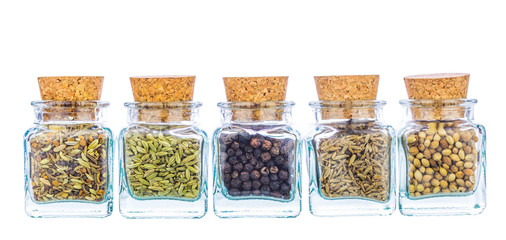 Cilantro, cumin, black peppers and coriander seeds herbs