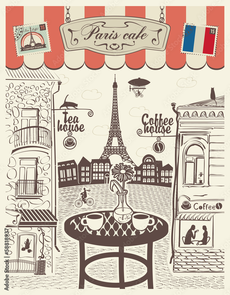 Wall mural Parisian street restaurant with views of the Eiffel Tower