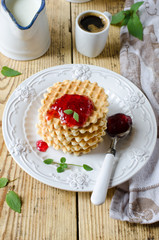 Waffles with jam for breakfast