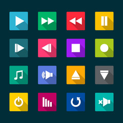 Set of media player flat icons, vector illustration