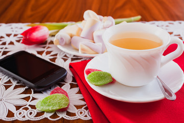 breakfast tea, a souffle and dried fruits