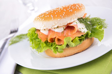 burger with salmon and cream