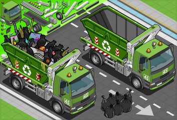 Isometric Garbage Truck with Container in Front View