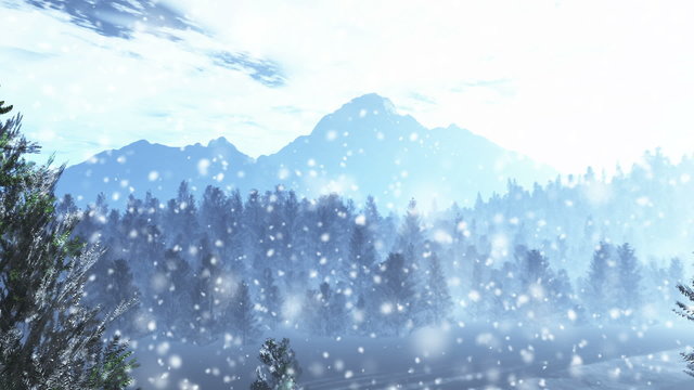 Mysterious Northern Forest Winter Snowing 3D artwork animation