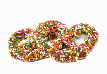 Chocolate covered pretzels with sprinkles