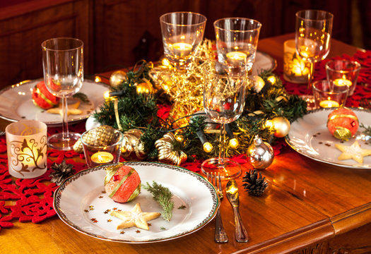 Christmas Eve Dinner Party Table Setting With Decorations