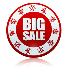 christmas big sale on red circle banner with snowflakes symbols