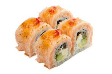 Salmon sushi rolls isolated on white background