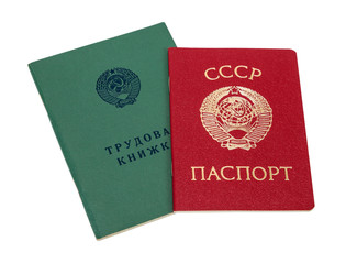 Employment history book and soviet passport isolated on white ba