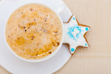 Cup coffee handmade gingerbread cakes icing. Christmas.