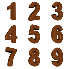Number from 1 to 9 in leather over white background