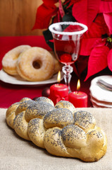 Festive bread on jute table cloth. Beautiful christmas table set