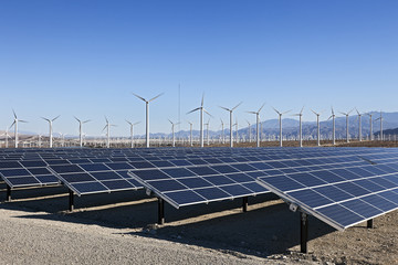 A View of Solar Panels and Wind Turbine in the Field