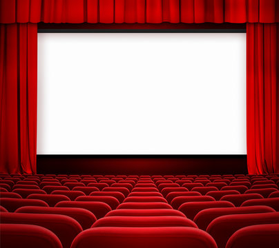 cinema screen with open curtain and red seats