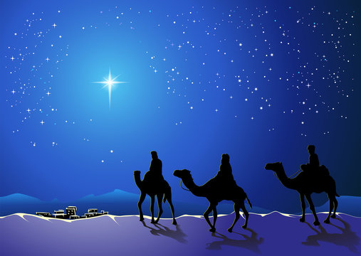 Christmas story. Three wise men go for the star of Bethlehem