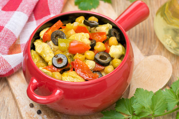 chicken stew with chickpeas and vegetables in the pot, top view
