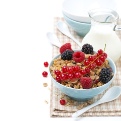 homemade granola with fresh berries and milk, isolated