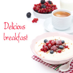 semolina porridge with fresh berries, nuts and cup of coffee