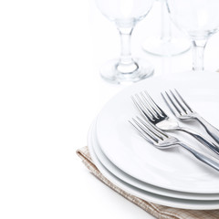 tableware - plates, forks and glasses, isolated