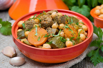 tagine with beef, vegetables and chickpeas, close-up