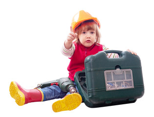 baby in hardhat with working tools
