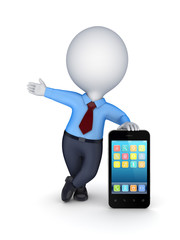 3d small person with modern mobile phone.