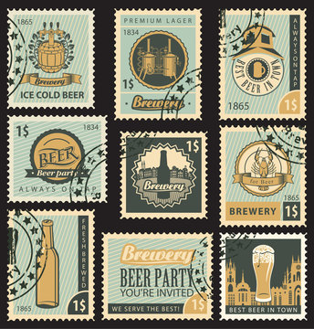 set of postal stamps on theme of beer and brewery